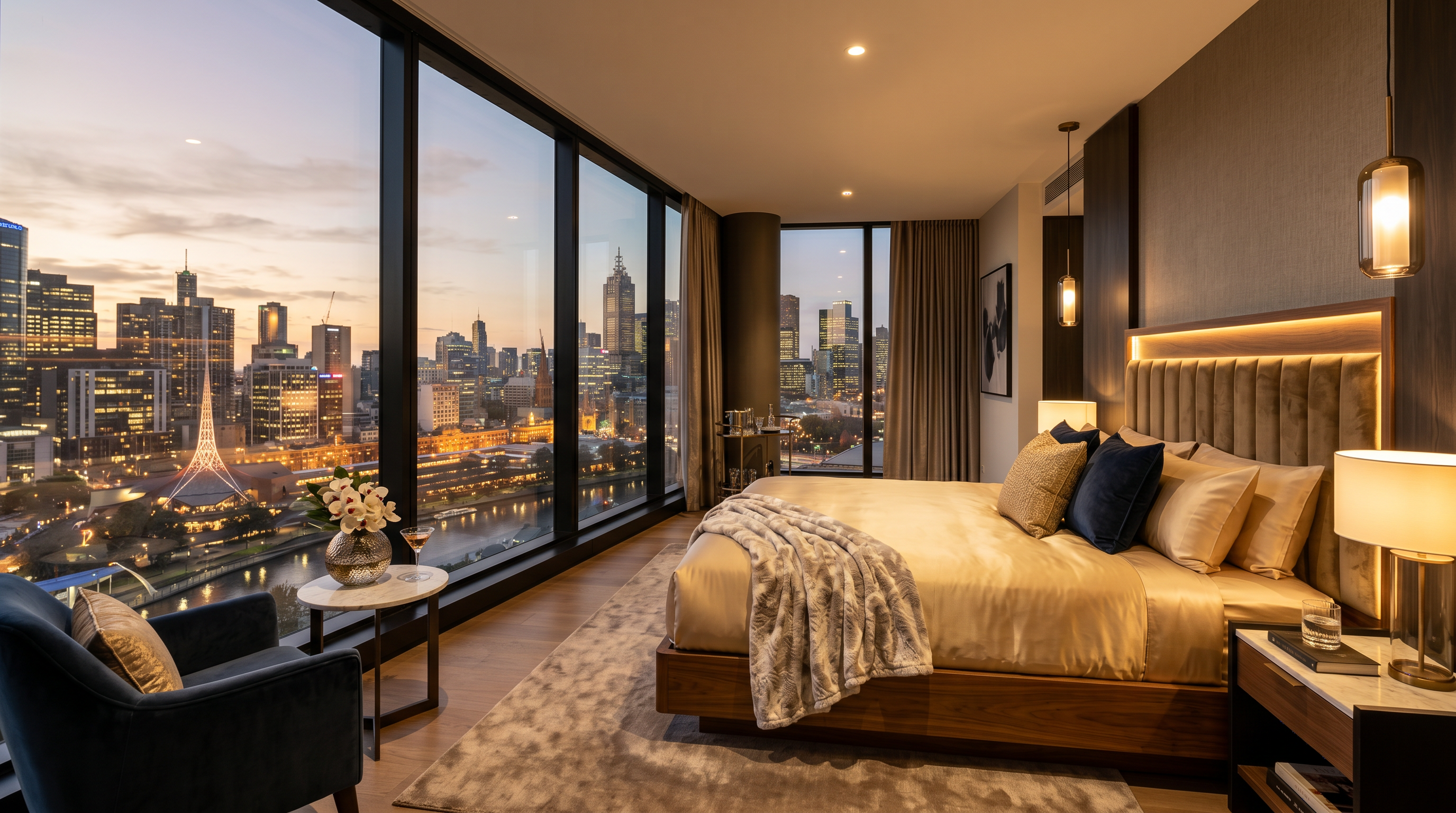 Luxury hotel suite with panoramic city views