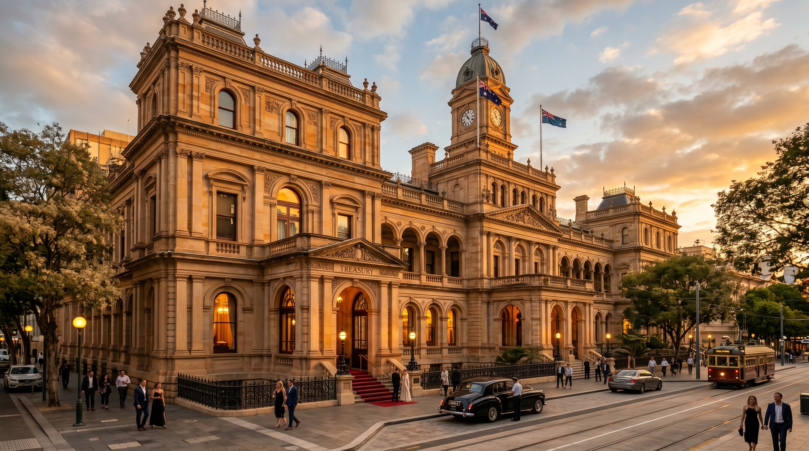 Treasury Brisbane heritage hotel exterior at golden hour